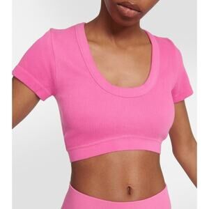 Alo Yoga Pink Sea Coast Serene Ribbed Knit Athletic Lightweight Fitted Crop Top